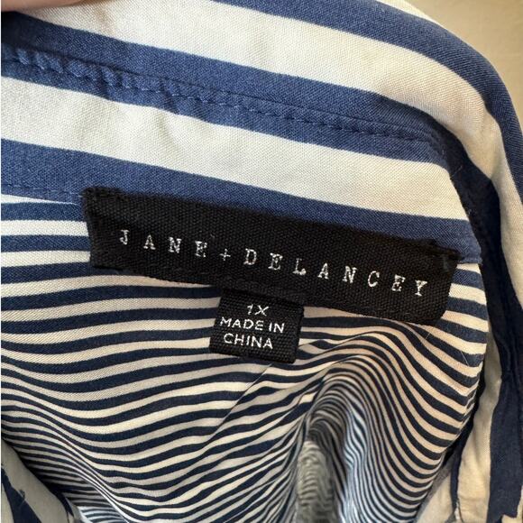 Jane + Delancey Plus 1X Blue White Stripe Button-Up Roll-Tab Sleeve Tunic Shirt - Picture 2 of 8